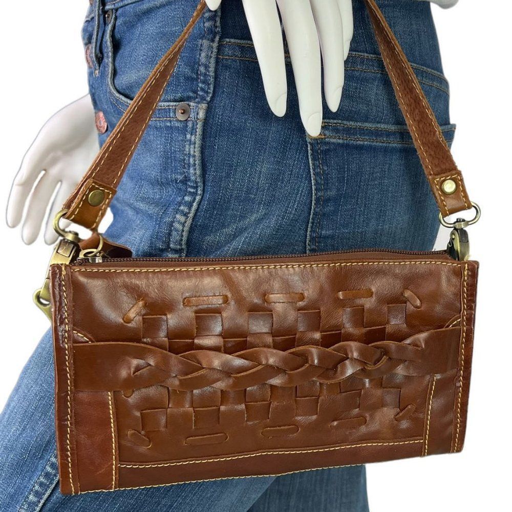 Jesslyn Blake Brown Cognac Eco Leather Wristlet Clutch Basket Weave
